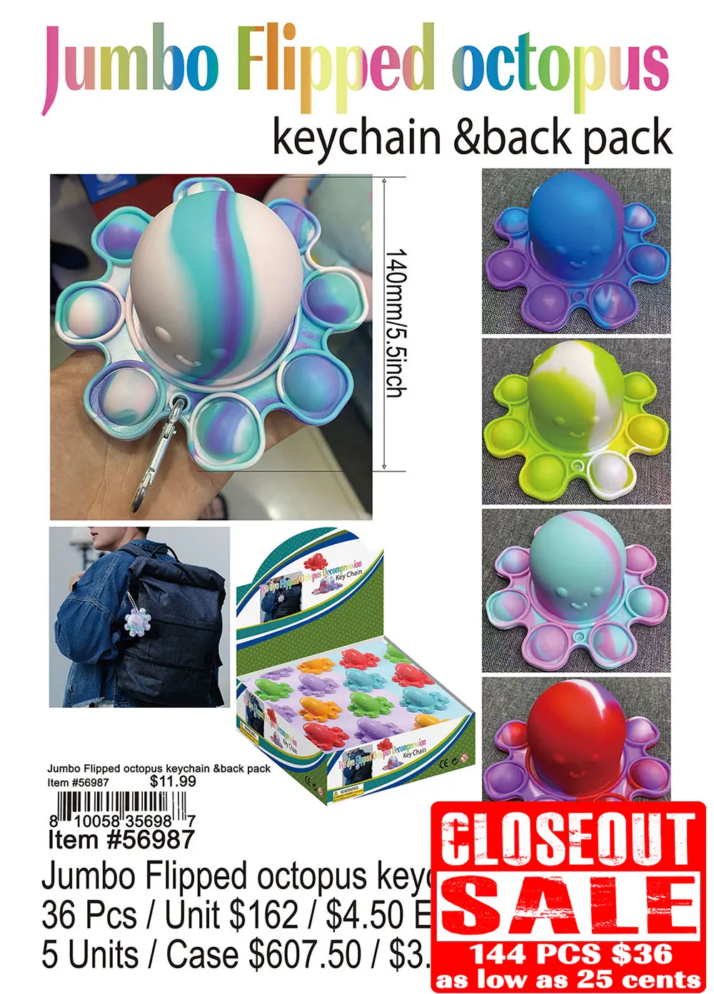 Jumbo Flipped Octopus Keychain and Backpack - Closeout 144 Pcs.